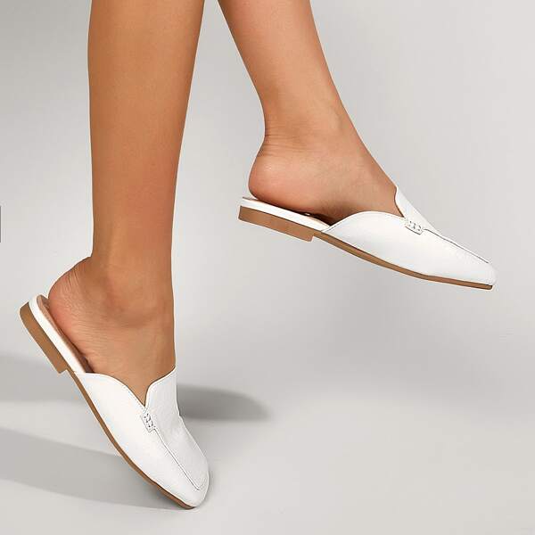 

Square Toe Croc Embossed Flat Mules, White