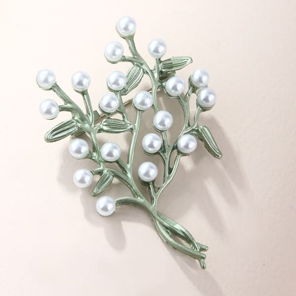 

Faux Pearl Leaf Design Brooch, Olive green