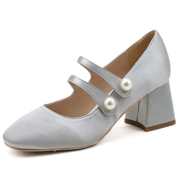 

Faux Pearl Decor Mid Heeled Mary Jane Pumps, Light grey
