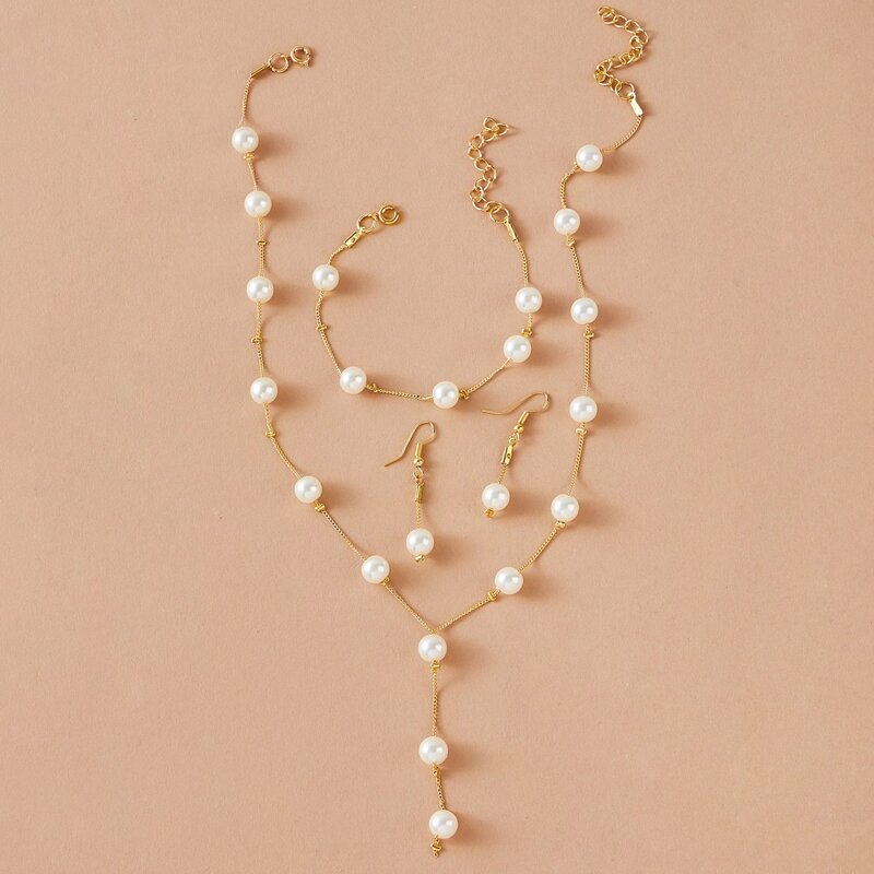 

4pcs Faux Pearl Jewelry Set, Gold