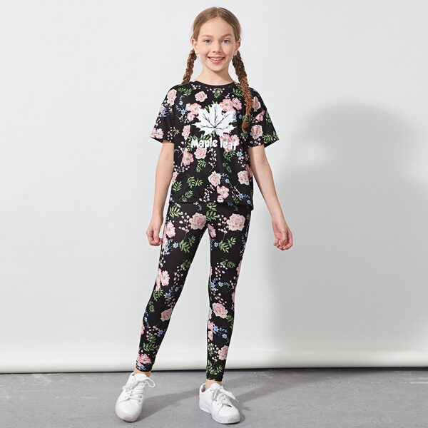 

Girls Floral & Letter Graphic Top and Leggings Set, Multicolor