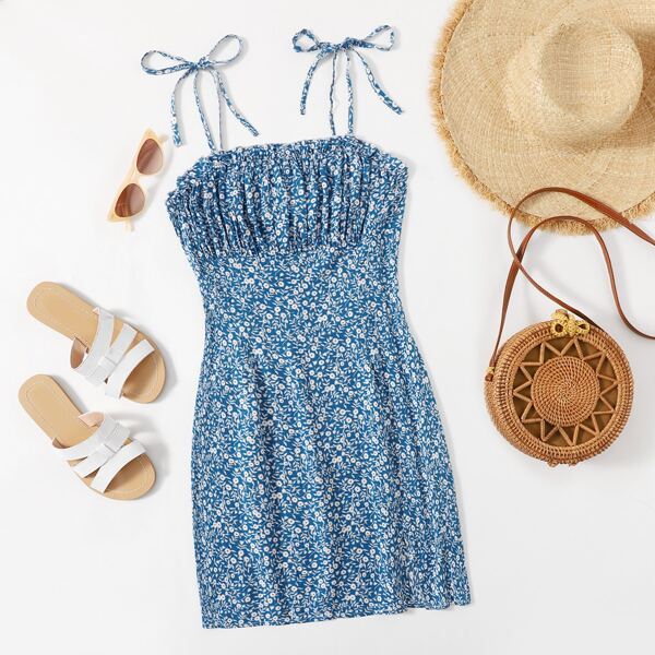 

Tie Shoulder Ruched Bust Ditsy Floral Dress, Blue and white