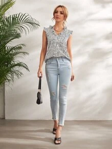 SHEIN Clasi Áo sơ mi Xù Tất cả trên in Thanh lịch - Đen và trắng - Xem 4