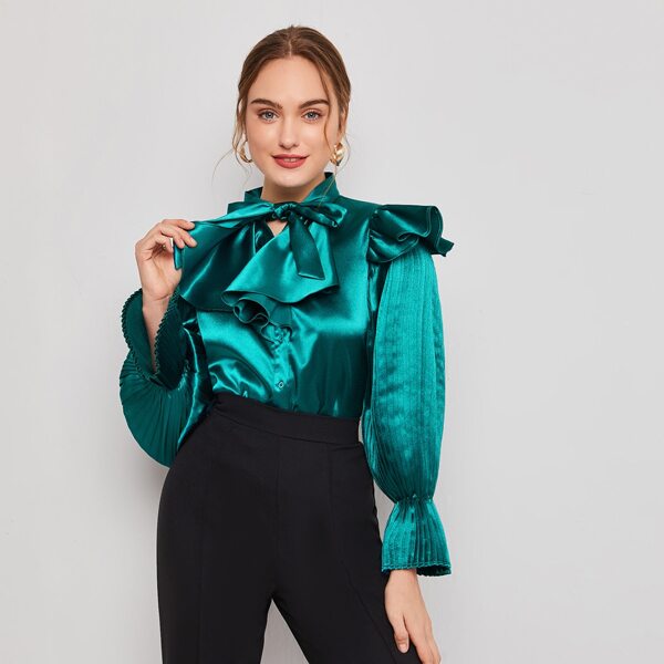 

Tie Neck Ruffle Trim Pleated Sleeve Satin Blouse, Green