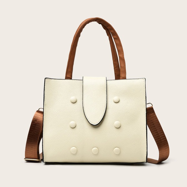 

Snap Button Double Handle Satchel Bag, Beige