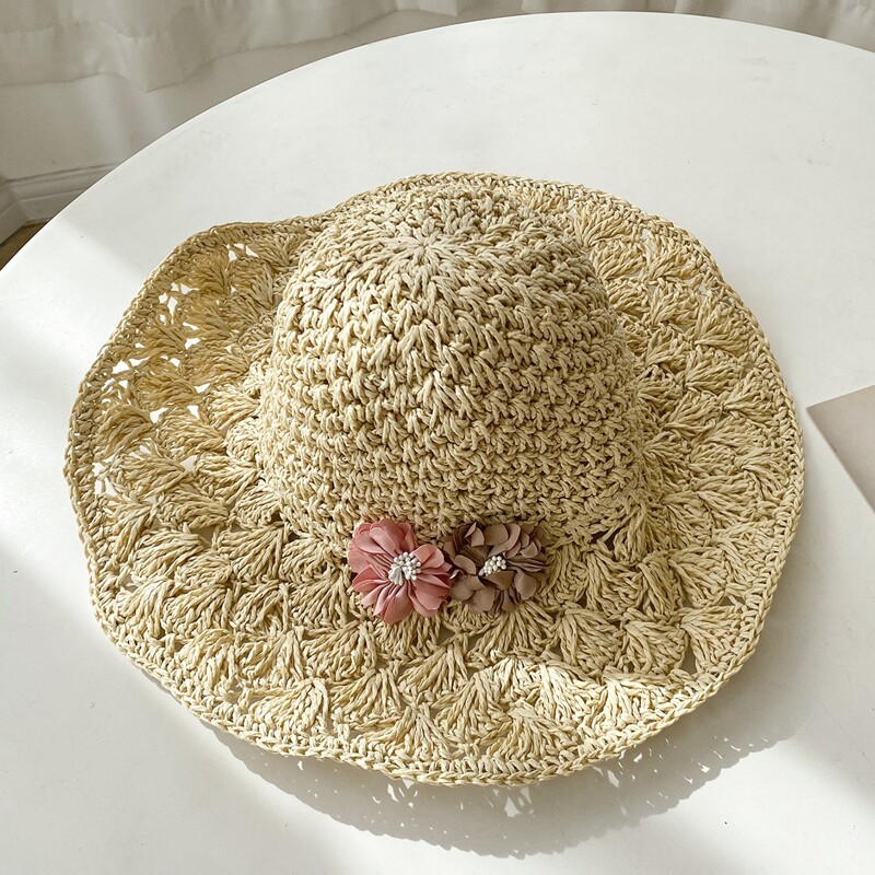 

Flower Decor Straw Hat, Beige
