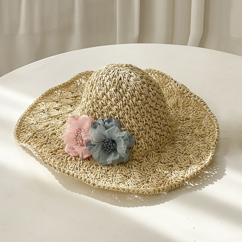 

Flower Decor Straw Hat, Beige