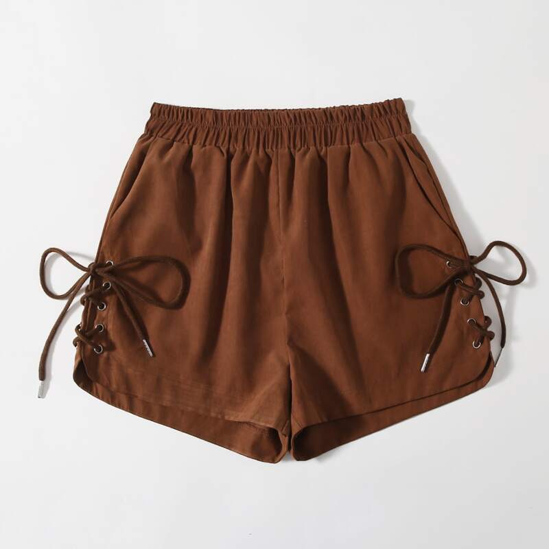 

Grommet Eyelet Lace Up Solid Shorts, Coffee brown