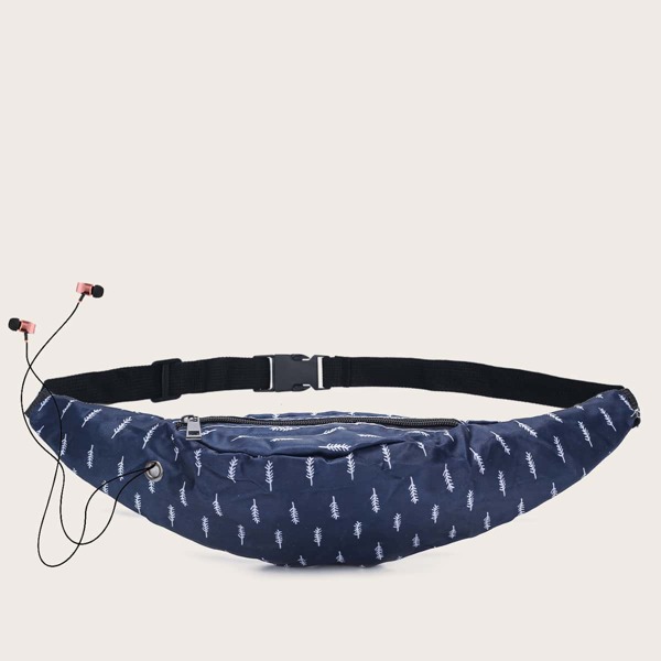 

Leaf Print Fanny Pack With Earphone Hole, Navy blue