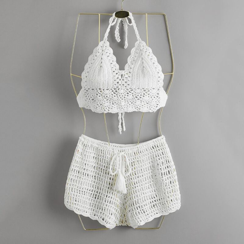 

Tassel Decor Crochet Bikini Swimsuit, White