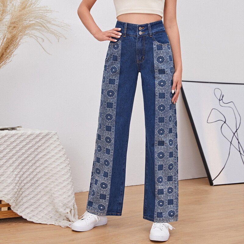 

High Waist Wide Leg Floral Print Jeans, Dark wash