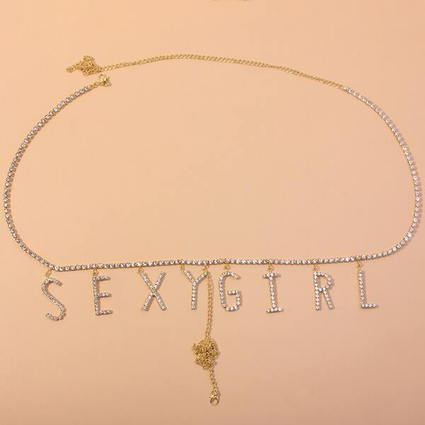 

Rhinestone Letter Charm Waist Chain, Gold