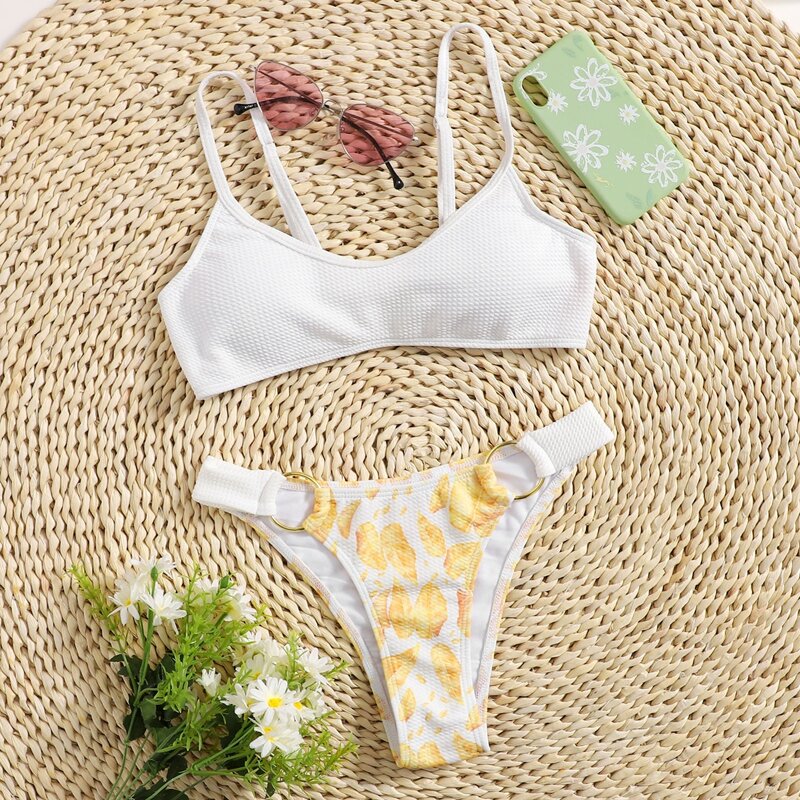 

Leaf Print Ring Decor Bikini Swimsuit, Multicolor