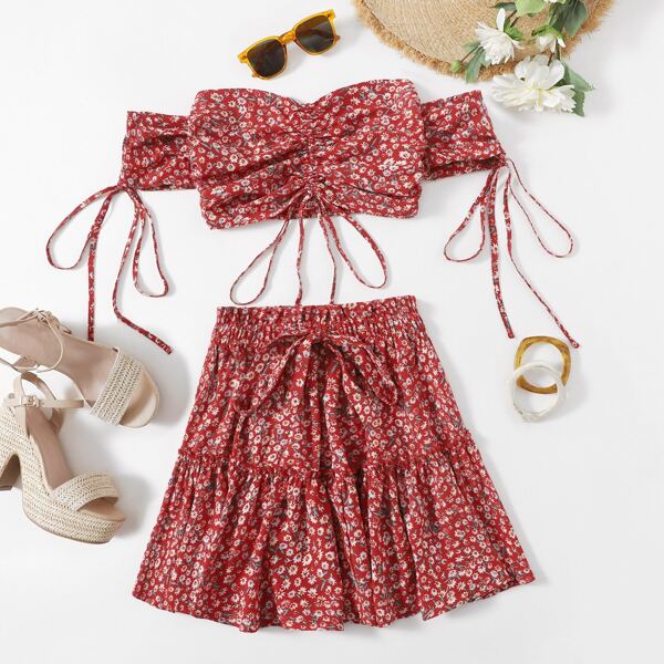 

Off Shoulder Drawstring Knot Front Ditsy Floral Top & Skirt Set, Multicolor
