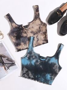 SHEIN 2 Packs Notched Neck Lettuce Trim Tie Dye Tank Top - Multicolor - View 1