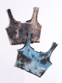 SHEIN 2 Packs Notched Neck Lettuce Trim Tie Dye Tank Top - Multicolor - View 2