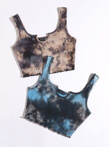SHEIN 2 Packs Notched Neck Lettuce Trim Tie Dye Tank Top - Multicolor - View 3
