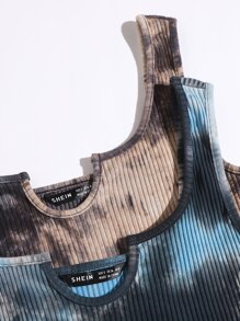 SHEIN 2 Packs Notched Neck Lettuce Trim Tie Dye Tank Top - Multicolor - View 5