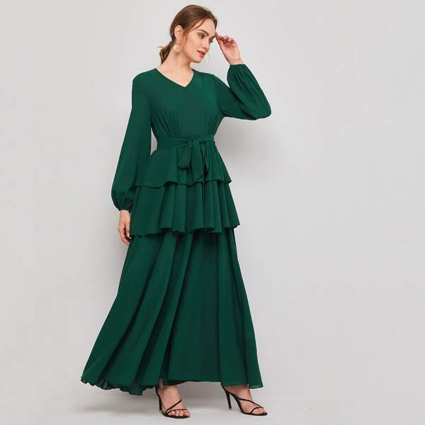 

Платье с рукавами-фонариками с поясом, Темно-зеленый