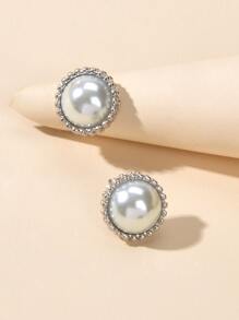 人造珍珠裝飾耳釘 - 銀色 - 查看 1