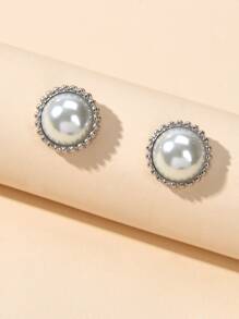 人造珍珠裝飾耳釘 - 銀色 - 查看 3