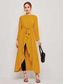 Mulvari Self Belted Split Hem Longline Top - Yellow - View 2