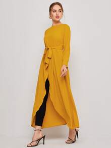 Mulvari Self Belted Split Hem Longline Top - Yellow - View 4