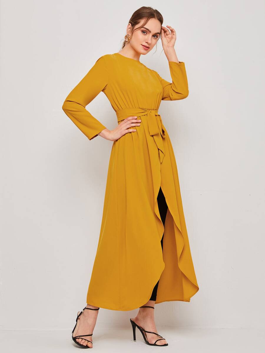 Mulvari Self Belted Split Hem Longline Top - Yellow - View 1