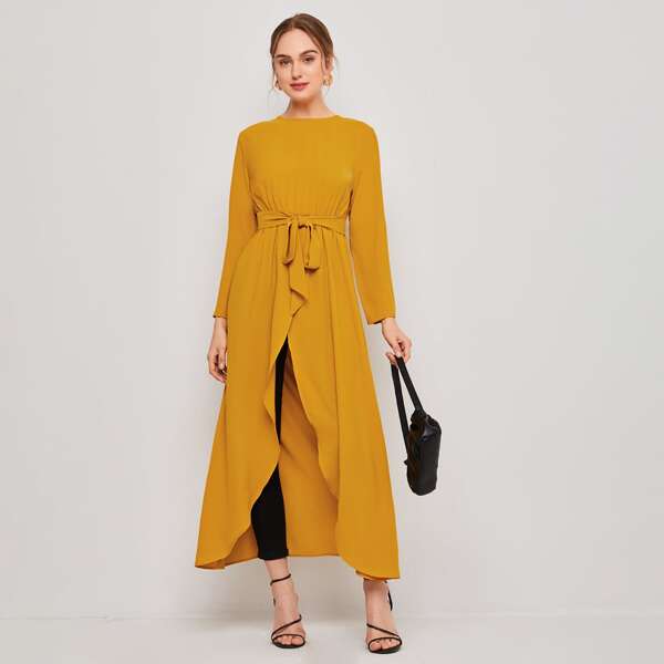 

Self Belted Split Hem Longline Top, Yellow