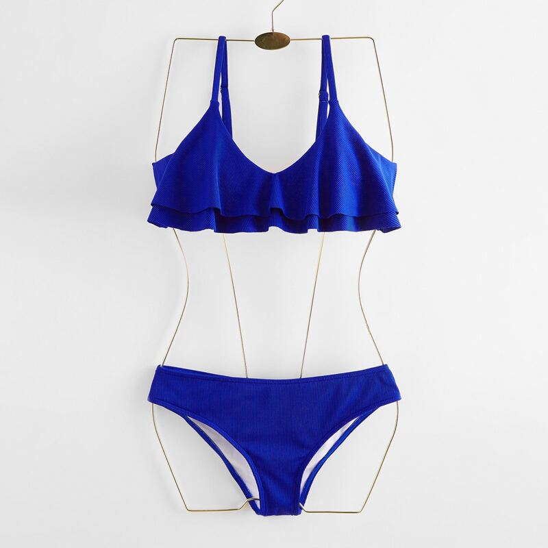 

Ribbed Ruffle Hem Bikini Swimsuit, Royal blue