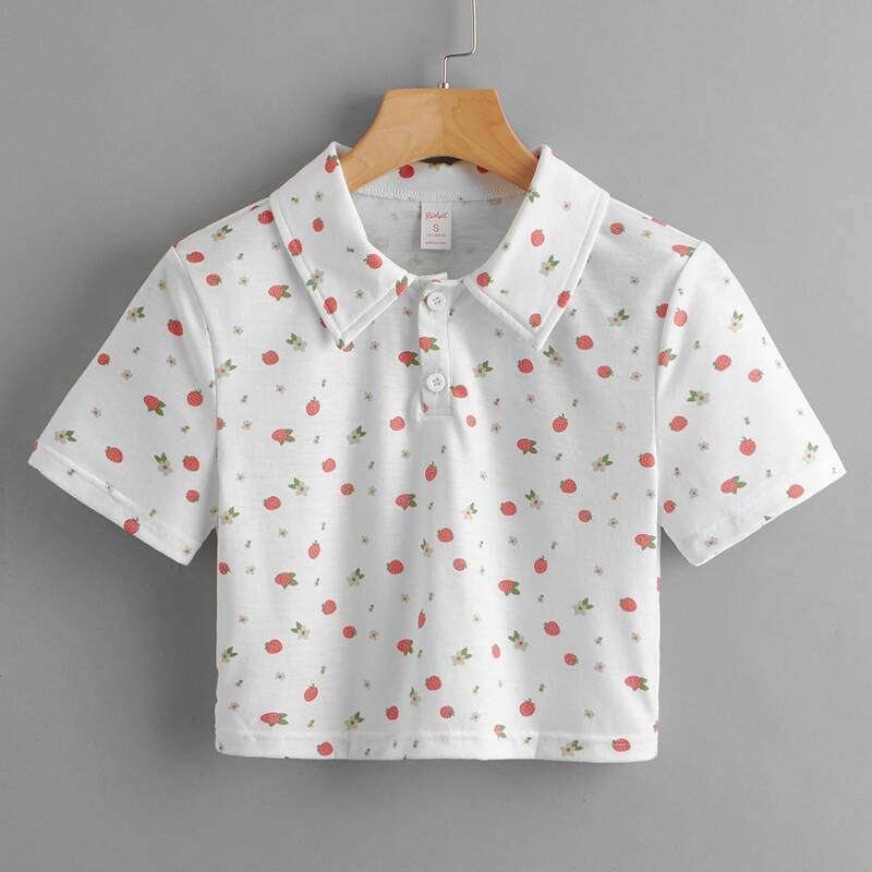 

Strawberry & Ditsy Flower Polo Crop Tee, White