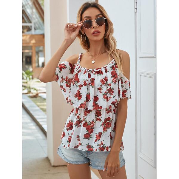 

All Over Floral Print Cold Shoulder Blouse, Multicolor