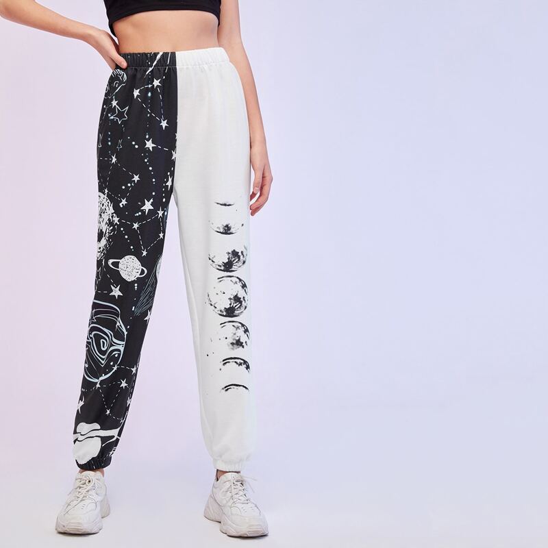 

Two Tone Planet Graphic Sweatpants, Black and white
