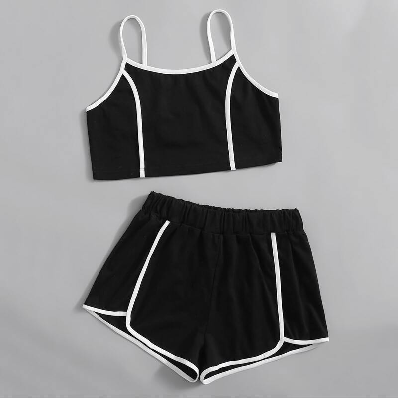 

Contrast Binding Crop Cami & Shorts, Black