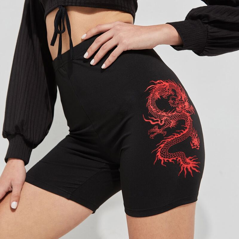 

Chinese Dragon Graphic Biker Shorts, Black