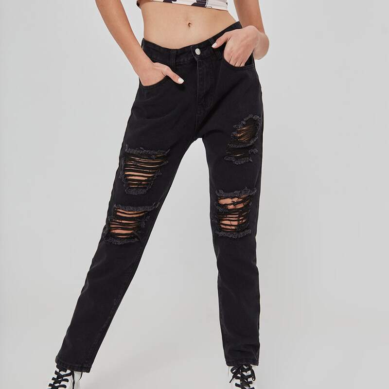 

Raw Hem Ripped Jeans, Black