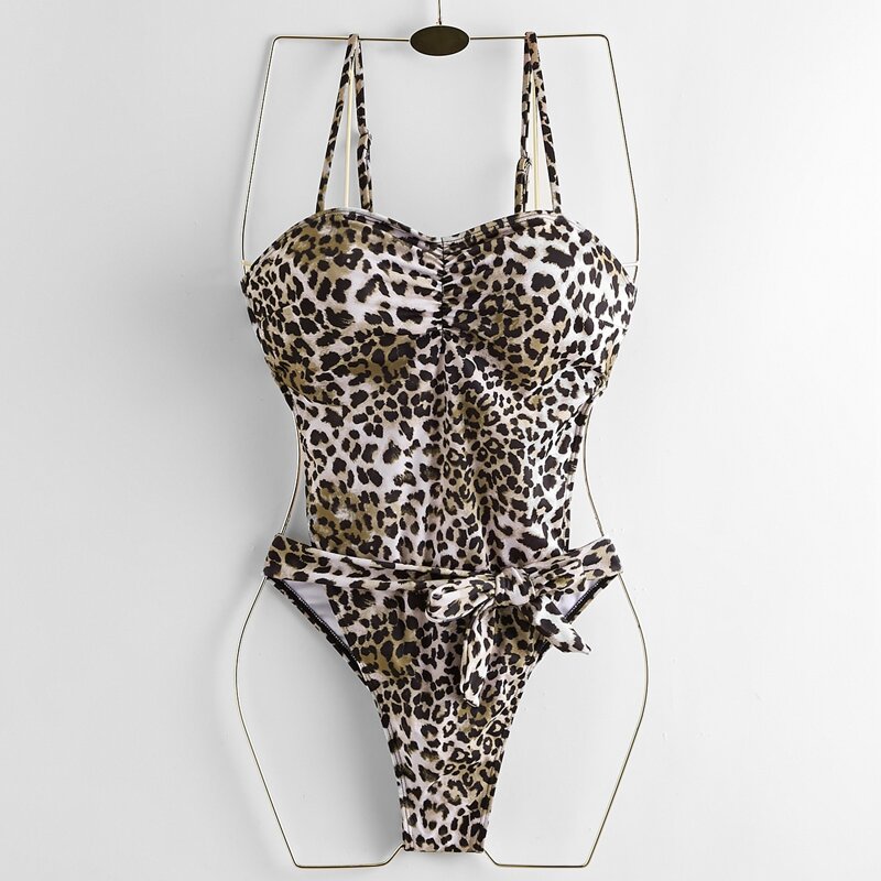 

Leopard Knot Front One Piece Swimsuit, Brown
