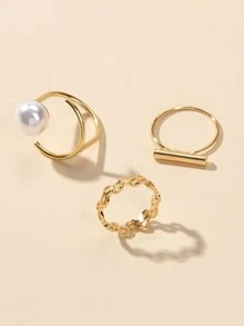 3pcs Faux Pearl Decor Ring - Yellow Gold - View 2