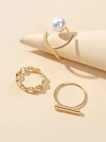 3pcs Faux Pearl Decor Ring - Yellow Gold - View 3
