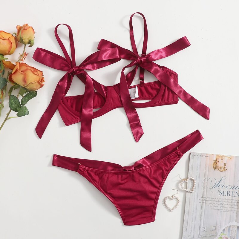 

Bow Knot Cut-out Underwire Lingerie Set, Burgundy