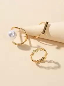 3pcs Faux Pearl Decor Ring - Yellow Gold - View 4