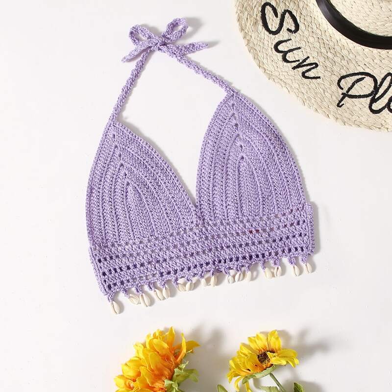 

Shell Decor Crochet Bikini Top, Lilac purple