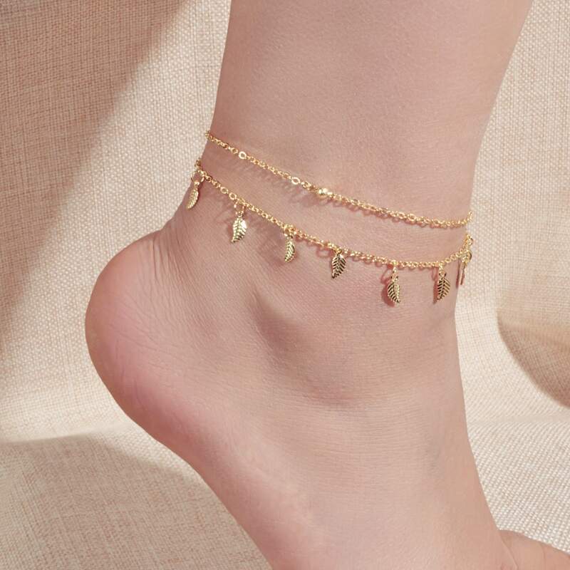 

Leaf Charm Layered Anklet, Gold