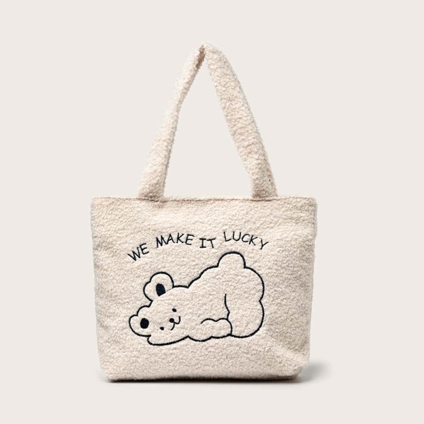 

Cartoon & Letter Embroidered Tote Bag, Beige