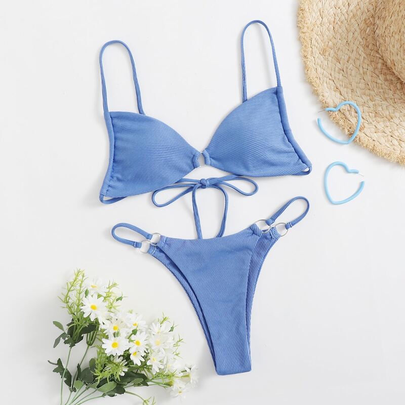 

Ring Decor Thong Bikini Swimsuit, Blue