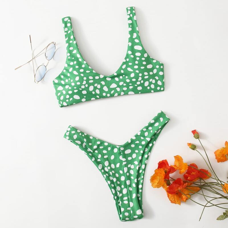 

Allover Print High Leg Bikini Swimsuit, Green