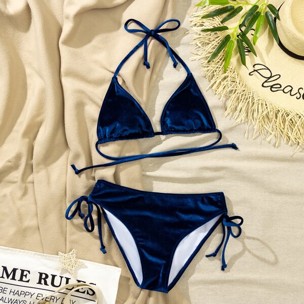 

Velvet Triangle Tie Side Bikini Swimsuit, Navy blue