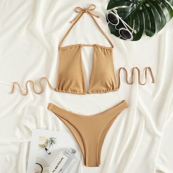 

Rib Halter High Cut Bikini Swimsuit, Khaki