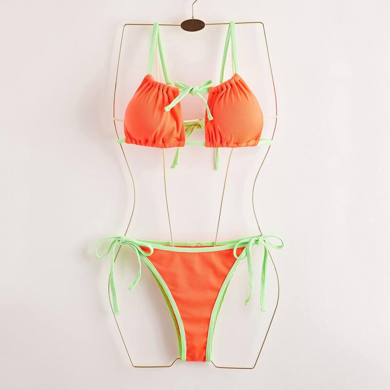

Contrast Binding Tie Side Bikini Swimsuit, Orange