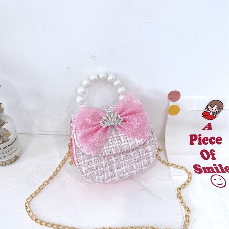 

Rhinestone Crown & Bow Mini Satchel Bag, Baby pink